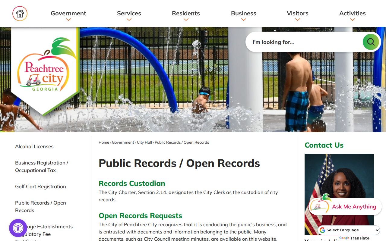 Peachtree City residents directory open records request guidance