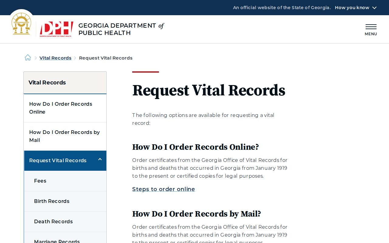 Peachtree City residents directory Georgia vital record request methods