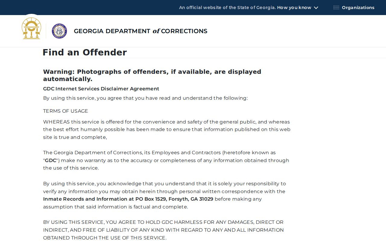 Georgia Department of Corrections official offender query form