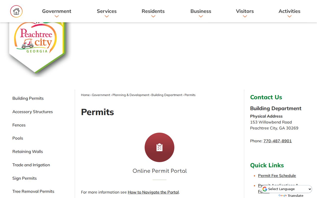Peachtree City street directory permit records page