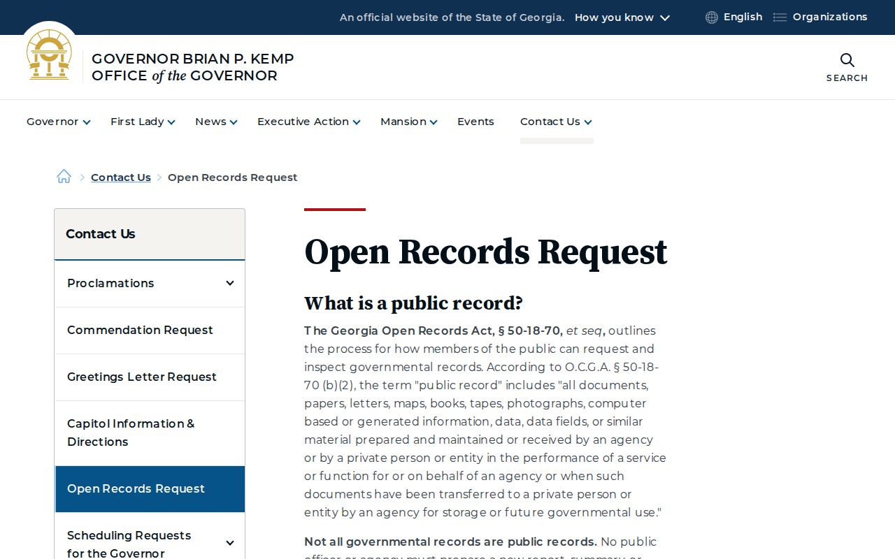Georgia Open Records Act request guidance page
